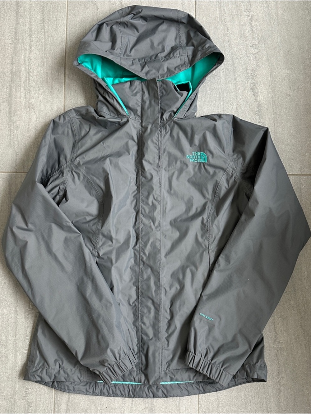 The North Face Gray Rain Jacket with Teal Lining